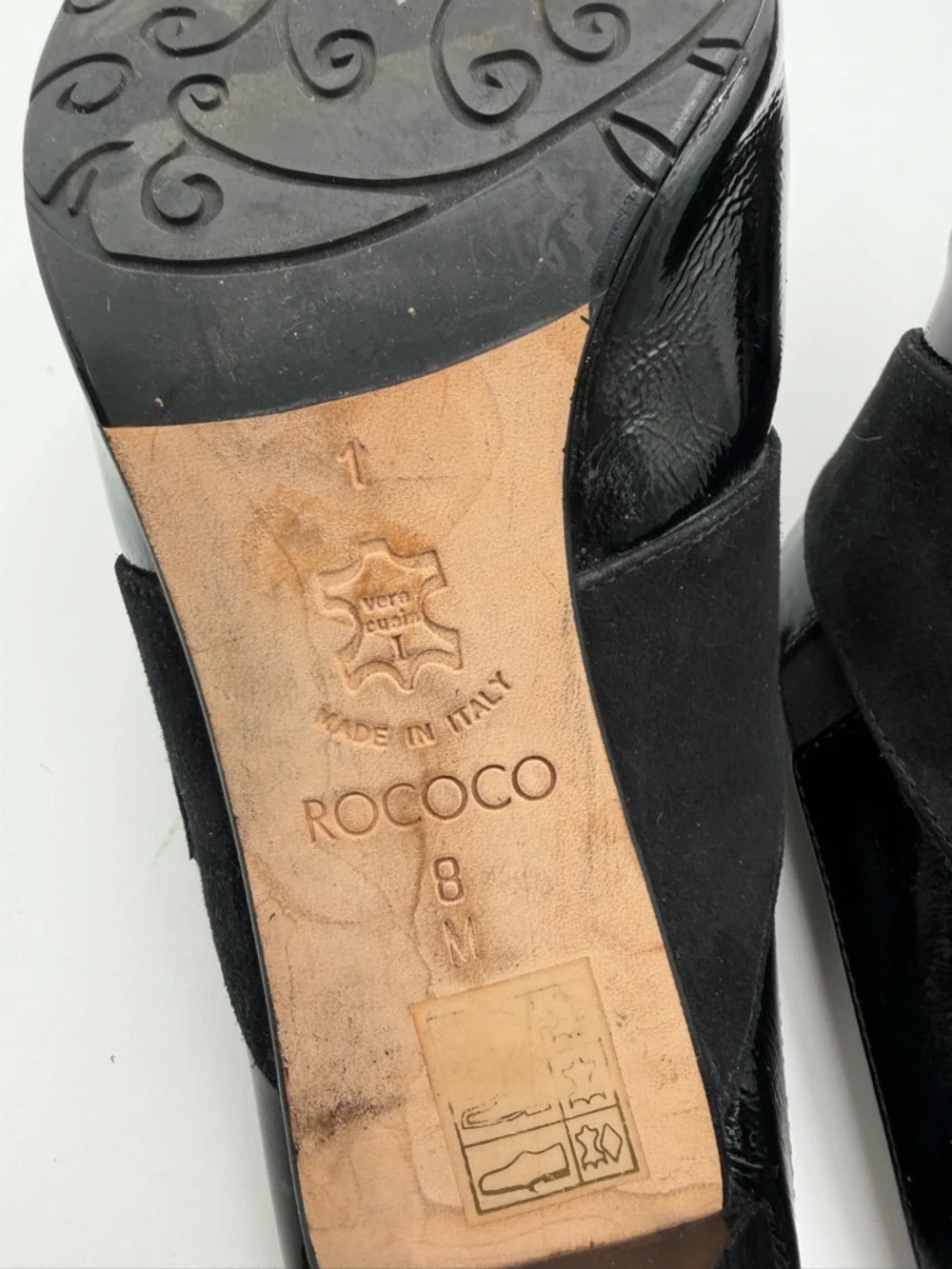 Brighton Rococo black patent leather suede slip-on mule heels made in Italy